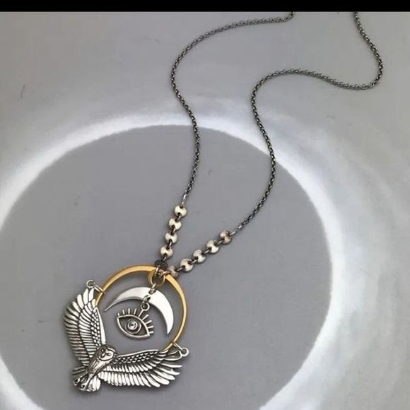Silver gold titanium owl moon evil eye boho goth punk necklace new - Picture 4 of 7